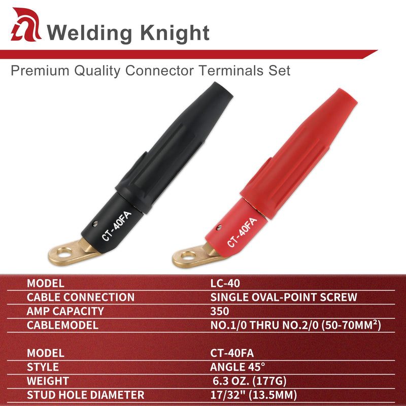 CT-40FA Welding Terminals & LC-40 Male Cable Connectors, Welder Leads Connector Set for Welding Machine Accessories, 1/0 Thru 2/0 Cable Capacity 350 Amp 50-70 SQ-MM Black & Red 2-Set LC40 Male & CT-40FA 2-PK