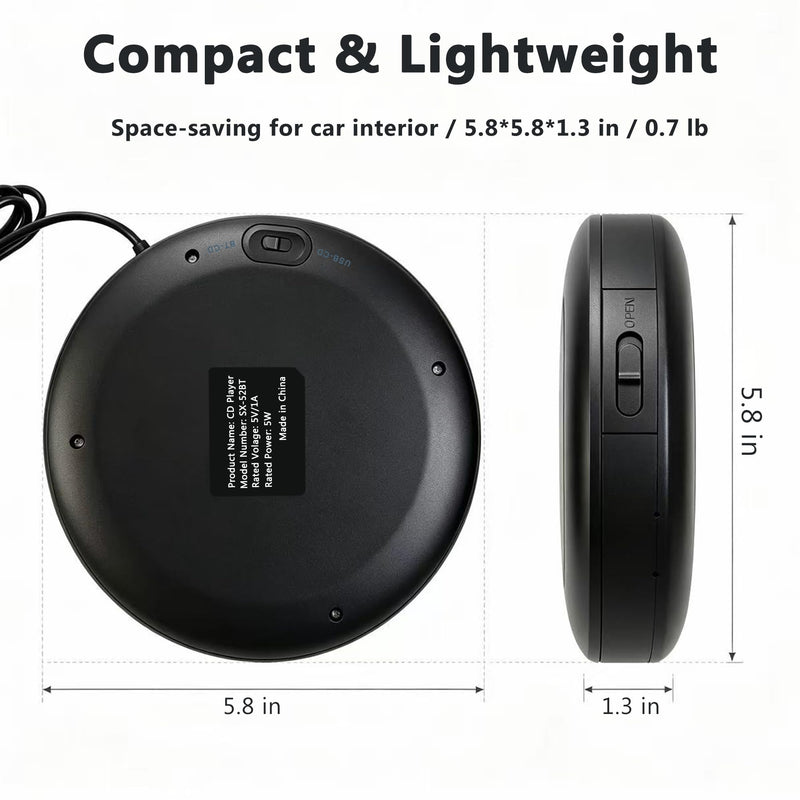 Portable CD Player for Car USB Connection and Bluetooth TX, External Car CD Player Plug and Play Lossless Sound Quality