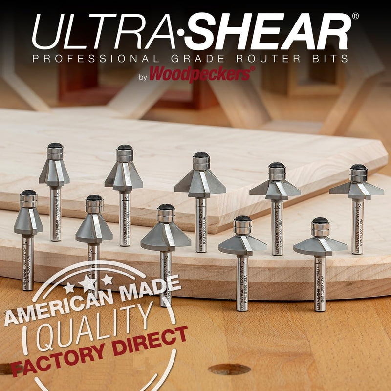 Chamfer Router Bit, 1/4 Shank, 60 Degree, 2 Flute, Twin Bearing, Carbide Tipped, USA Made Edge Forming Bevel Bit - US226018CH 60 Deg
