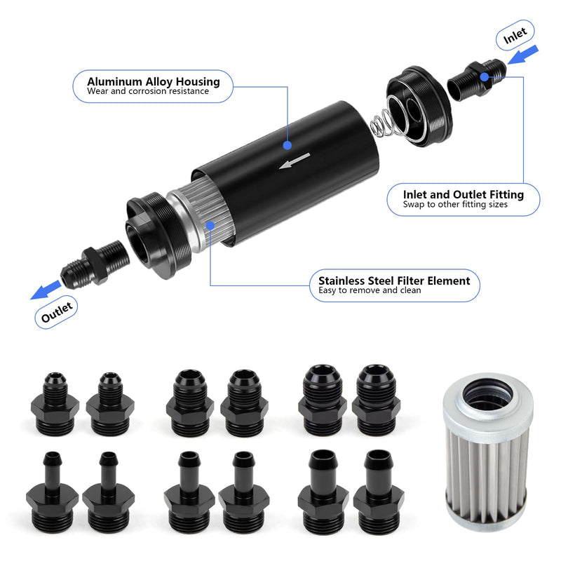 10 Micron Inline Fuel Filter with 6AN 8AN 10AN Adapter(6pcs), Barb 1/2", 3/8", 5/16" Fitting Adapter (6pcs),Bracket Clamp 50MM Universal, 10 Micron Filter Element Replacement 10 Micron 15pcs