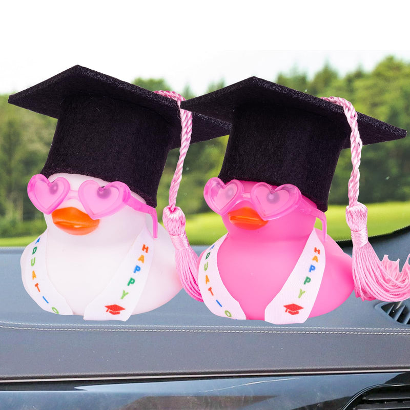 Graduation Rubber Duck Car Ornaments, Duck Car Dashboard Decorations for Graduation Gift with Mini Sunglasses Graduate Hat and Sash(G4) G4-white-pink