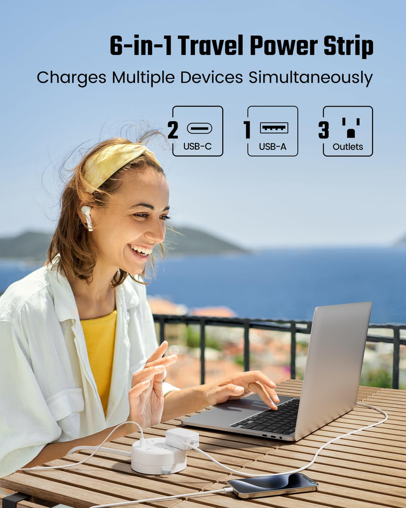 SUPERDANNY Travel Power Strip with 5ft Retractable Extension Cord Portable 3-AC & 3-USB 20W Fast Charging Station for Home Office, Business Travel, Trip, Cruise, No Surge Protector, White