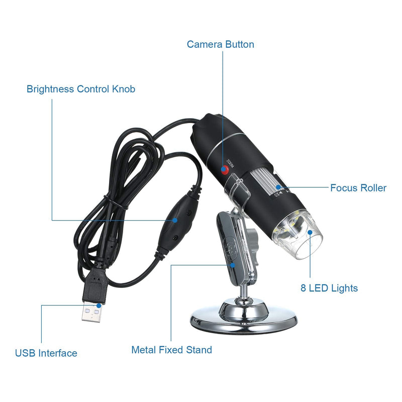 Andoer USB Digital Microscope 1600X Magnification Camera 8 LEDs with Stand Portable Handheld Inspection Magnifier