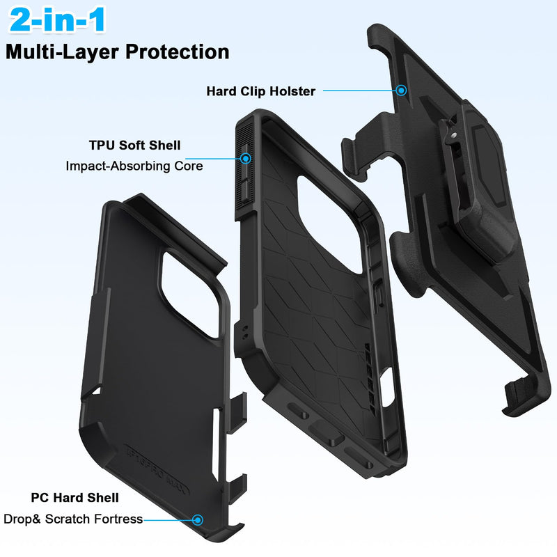 2 in 1 Case for iPhone 16 Pro Max with Belt Clip Defender, Heavy Duty Shockproof Holster with 360 Rotating Kickstand, (6.9" Black)