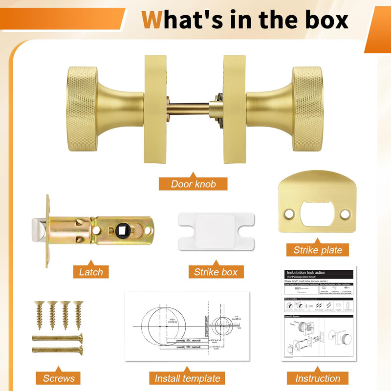 Probrico Gold Door Knobs Interior, Brushed Brass Passage Door Knob for Hallway Closet, Square Closet Door Knob with Round Knob, 3 Pack Brushed Gold