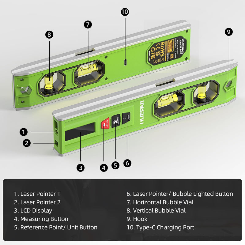 Huepar 3-in-1 Laser Level /65Ft Laser Distance Measure/Magnetic Torpedo Level, 9 in Spirit Level with LED Display and Lighted Bubble, USB-C Rechargeable Magnetic Laser Leveler Tool - VJ10