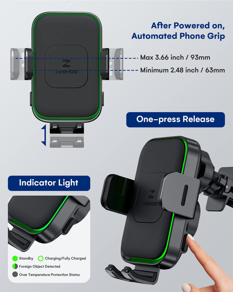 ZEEHOO Wireless Car Charger, DUOXX Dual Coils 15W Fast Charging Auto-Clamping Car Mount, Dashboard, Vent Charging Phone Holder for iPhone 17 16 15 14 13 12, S23 Ultra, Z Flip4 3, etc Black(DUOXX-X3)