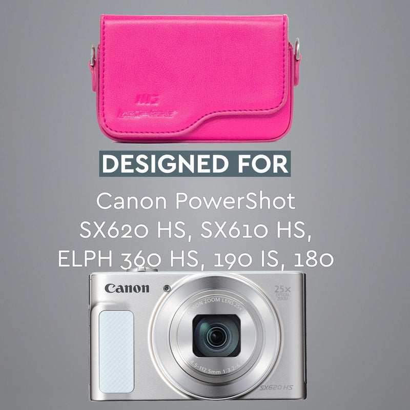 MegaGear Canon PowerShot SX620 HS, ELPH 180, ELPH 360 HS, ELPH 190 is, ELPH 170 is, SX610 HS Leather Camera Case with Strap - Hot Pink - MG1093