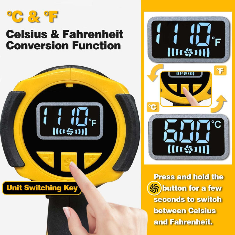 Cordless Heat Gun Compatible with Dewalt 20V Battery 350W Fast Heating 2-Temp Setting120℉-1110℉ Portable Hot Air Gun with LCD Display 4Nozzle for DIY shrink wrapping (Tool Only, Not Made by Dewalt)