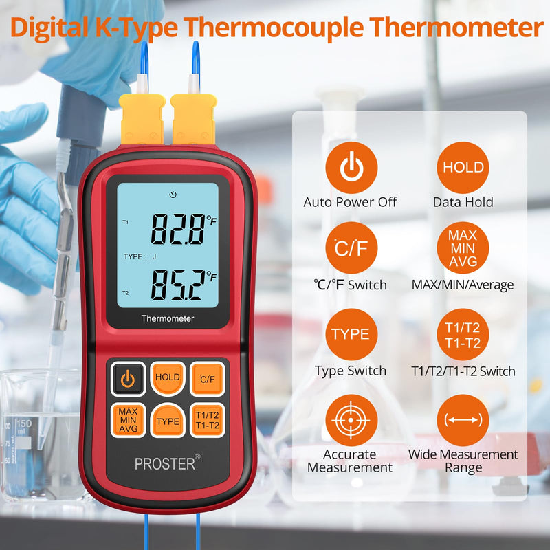 Proster Digital Thermocouple Temperature Thermometer Dual Channel - with Two K-Type Thermocouple Probe, Backlight LCD Thermometer for K J T E R S N Type Red