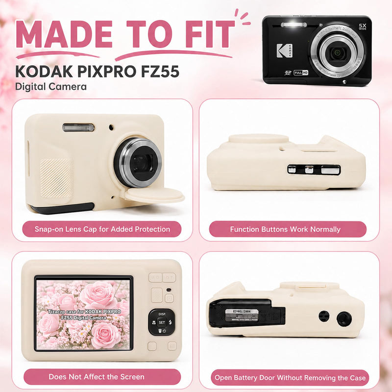 Case for Kodak PIXPRO FZ55 Digital Camera,Silicone Camera Case with Removable Lens Cover,Cute Beaded Charm Strap& 2 Pack Screen Protectors,Aesthetic Travel Camera Accessories (Beige) Beige
