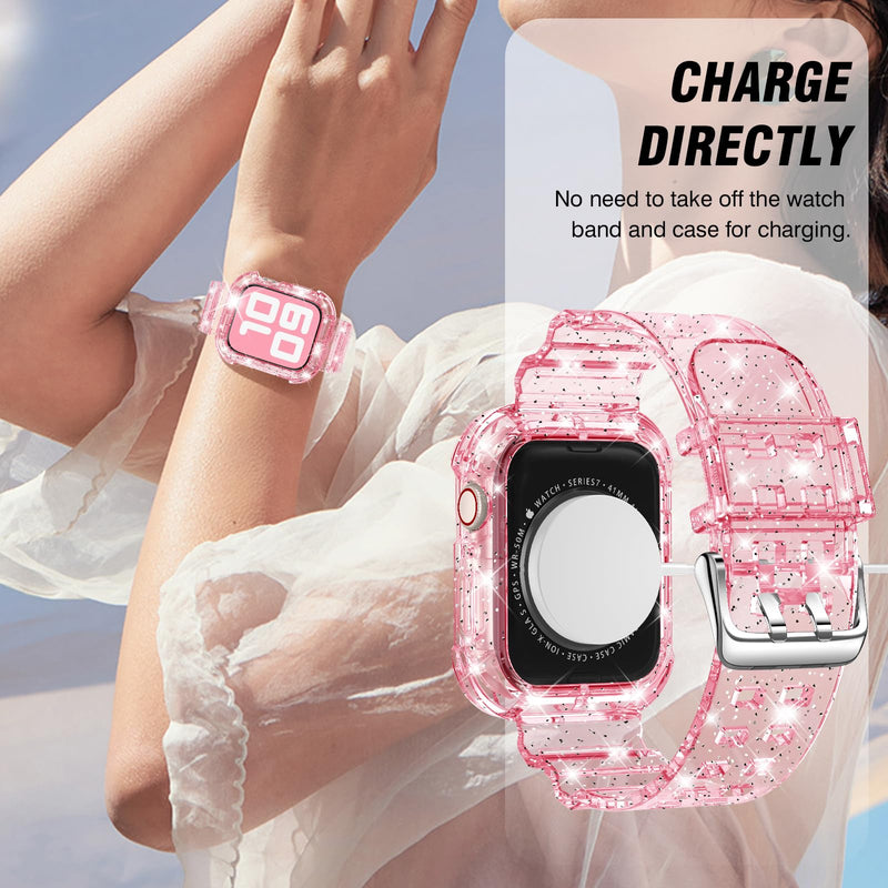DABAOZA Compatible for Clear Apple Watch Band 41mm 40mm 38mm 42mm 44m 45mm 49mm with Case, Women Glitter Bling Sport Strap for iWatch Band Ultra 2/1 Series 9 8 7 6/SE 5 4 3 2 1 Glitter Clear Pink 41mm/40mm/38mm