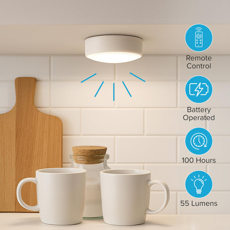 Brilliant Evolution 6-Pack Wireless RGB LED Lights - Battery Operated Puck Lights with 2 Remotes - Color-Changing LED Under Cabinet Lighting - 55 Lumens Each Night Light for Cabinets, Shelves, Walls