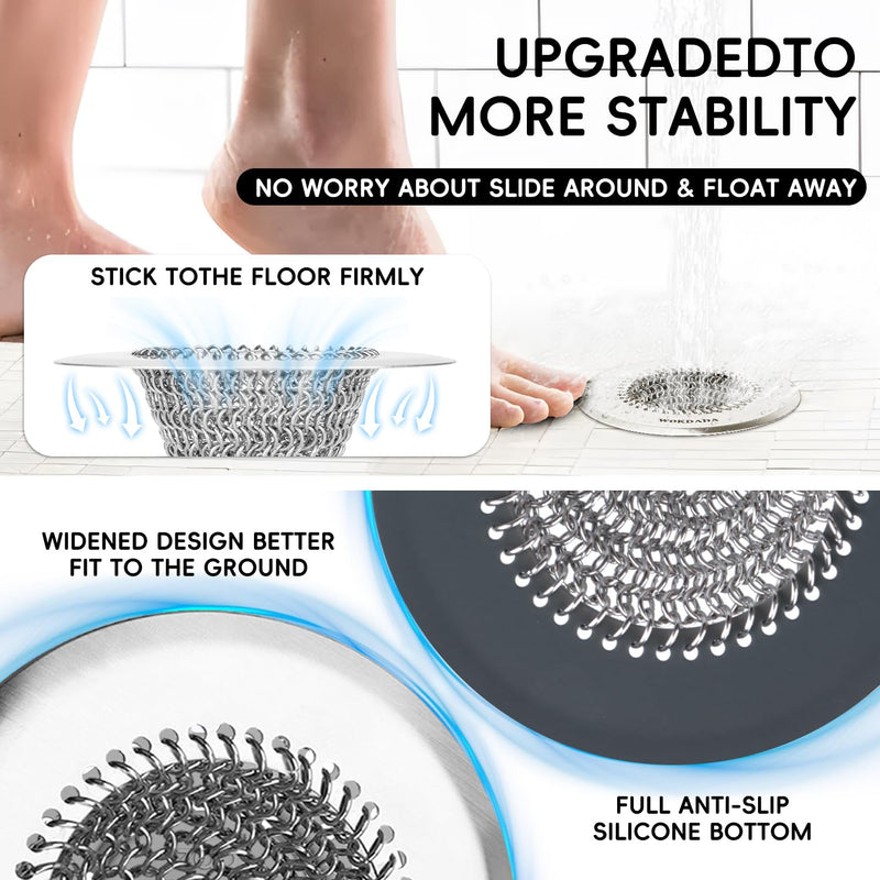 2 Pack Wokdada Bathtub Drain Hair Catcher, Wokdada Fast Drainage Shower Drain Hair Catcher, Reversible 304 Stainless Steel Drain Protector for Pop-Up and Regular Drains of Bathroom(Patented Product) Silver Silver