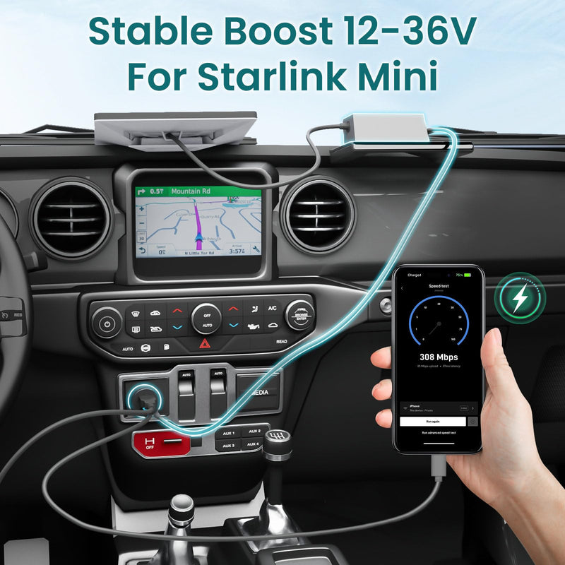 BarBaren for Starlink Mini Cable 3 in 1, Starlink Mini Car Adapter DC Power Cable Cigarette Lighter 12-36V Step Up Converter with Digital Display, USB-C PD 45W and USB-A QC 18W Ports for Cars 3.28FT/1m