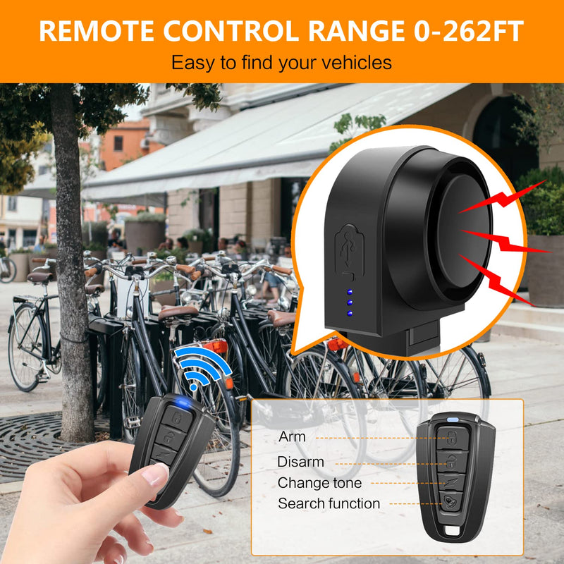 Bike Alarm with Remote USB Rechargeable 115dB Anti-Theft Vibration Motion Bicycle Alarm IPX5 Waterproof Vehicle Security Alarm System for Bike Motorcycle Electric Scooter