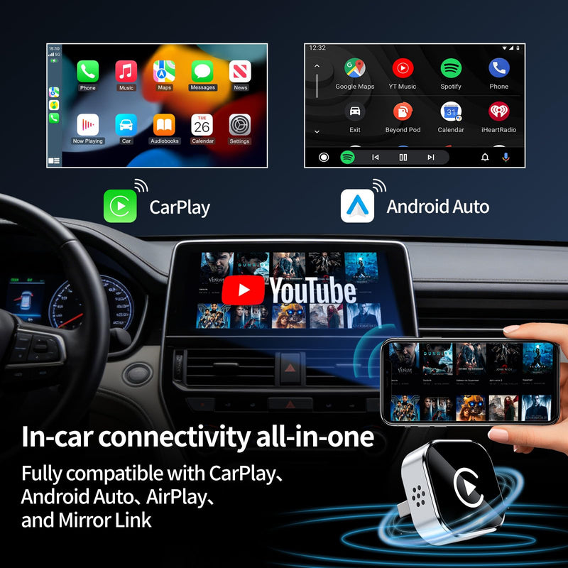 HYPAX Wireless CarPlay Adapter-4 in 1 Screen Mirror Link Car Adapter Android Auto Multi-User Seamless Connection Converts Wired to Wireless CarPlay Adapter - No Latency from iOS 10+ to Screen w/USB-C