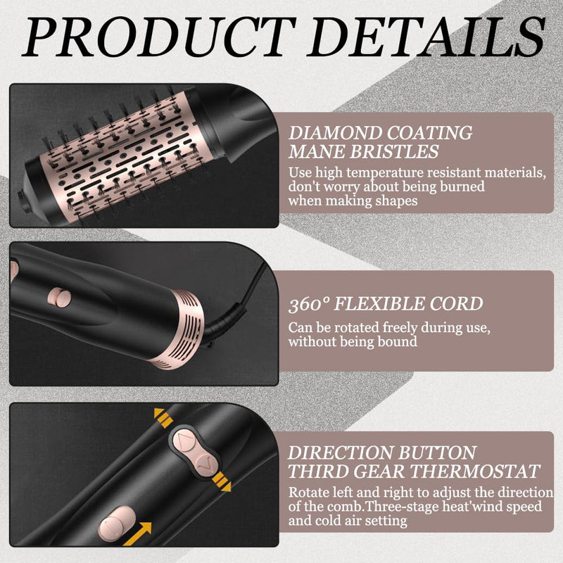 Heated Hot Brush, 3-in-1 Rotating Hair Dryer Brush, Thermal Brushes | 360° Rotating Hot Air Brushes Set, with 3 Temperatures, for Dry/Curl/Straight Hair