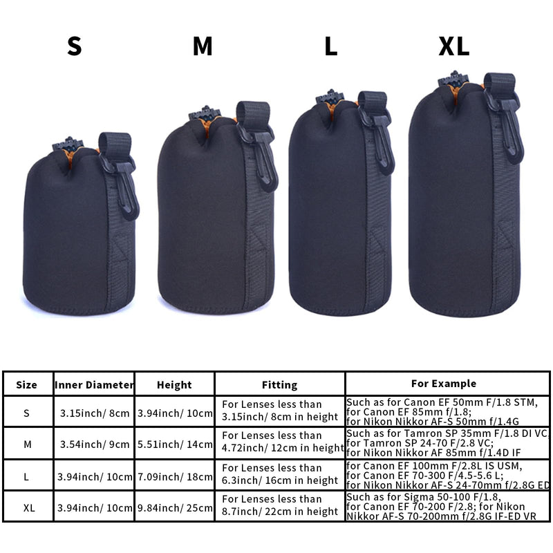 S Size (Small) Camera Lens Pouch, Thick Protective Neoprene Bag Storage Cover Case with Drawstring Design, Soft Plush Interior, Compatible for Canon, for Nikon, for Sony DSLR Lenses S: 8cm x 10cm (D x H)