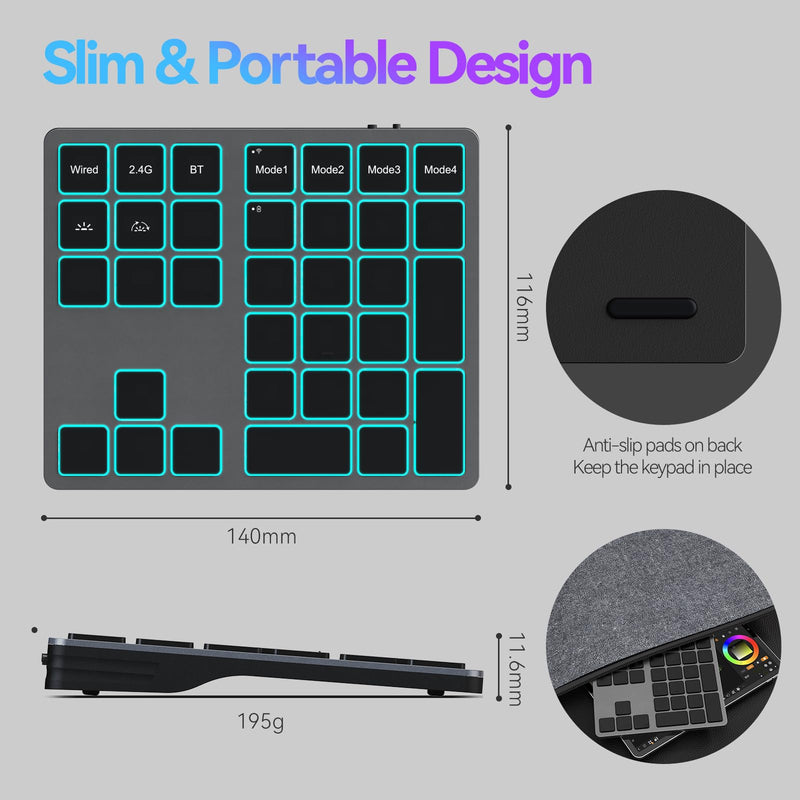 Doohoeek Tri-Mode Programmable Macro Keypad for Windows PC, 25 Custom Keys with Shortcut Stickers, Wireless Bluetooth/2.4G/ Wired Keyboard for Excel, Video Editing, Graphic & Office Productivity Black QWERTY