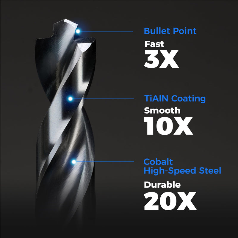 toolant Cobalt Drill Bit Set for Metal and Steel (Pro), Titanium Aluminum Nitride Coated (TiAlN) with Bullet Point Tip, for Hardened Metal, Stainless Steel, 21pcs 1/16"-1/2" 21 pc. Pro Set