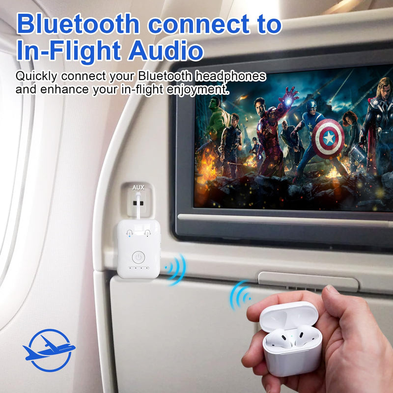 Premium Bluetooth 5.4 Airplane Audio Adapter, 30Hrs Playtime, aptX Adaptive & HD Audio Transmitter for AirPods/Bose, Supports 2 Headphones for Travel Flight & TV White