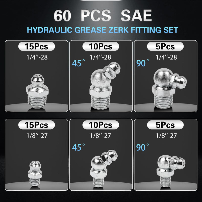 60Pcs Grease Fittings Kit, 1/4 & 1/8 Inch BSP Grease Zerk Fittings Assortment with 90 Degree, 45 Degree, and Straight Angle for Automotive, Tractors, and Industrial Machinery