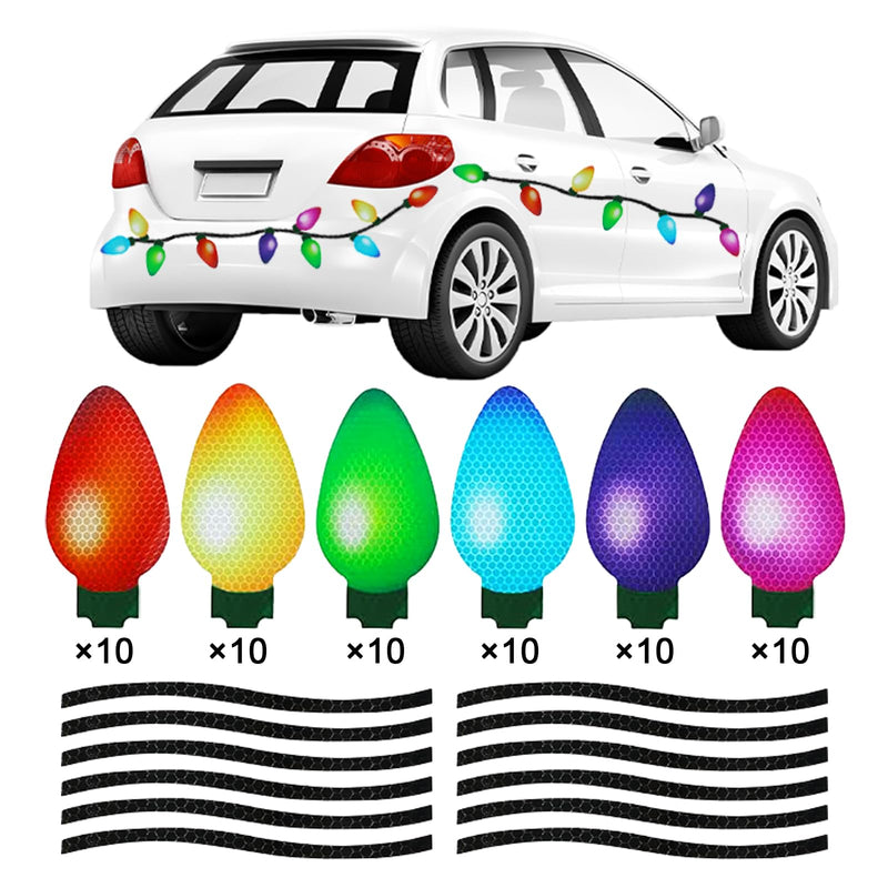 100Pcs Christmas Reflective Car Refrigerator Magnets Decorations Set, 60Pcs Reflective Bulb Light Magnets with 40Pcs Lines Magnetic Car Stickers for Garage Xmas Holiday Birthday Mailbox Decor