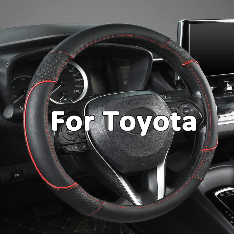 GIANT PANDA Steering Wheel Cover for Toyota, Auto Car Steering Wheel Cover for Toyota Highlander 4Runner Tacoma Corolla Camry - Black+Red Trim Standard size (14.5''-15'') A-Black+Red Trim