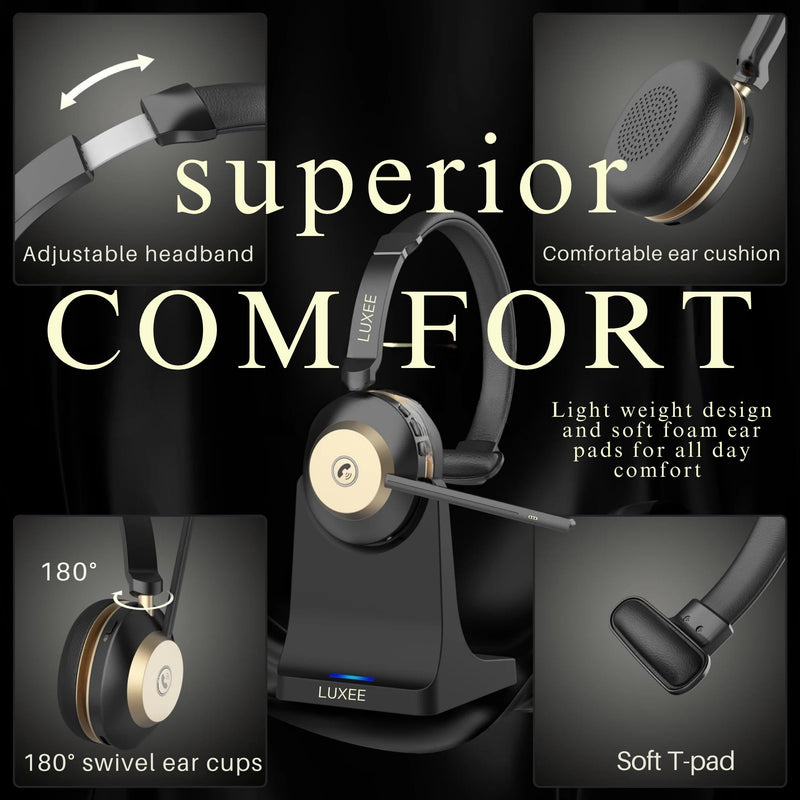 LUXEE Bluetooth Wireless Headset with Microphone for Work - Single Ear Computer Headset with USB Dongle & Charging Base, Noise Canceling Office Headset for Laptop, Zoom, Audifonos con Microfono