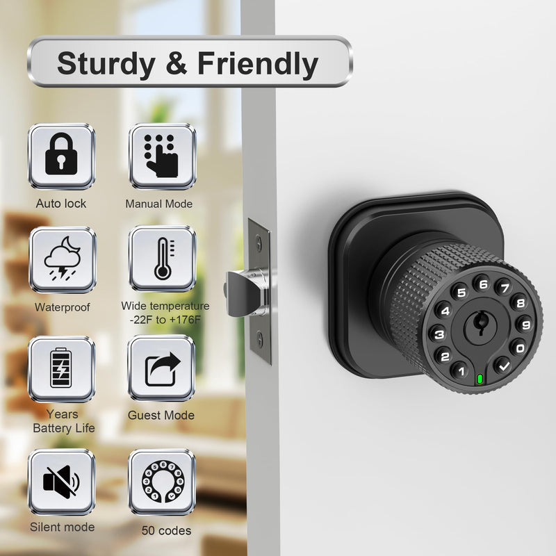 Keyless Entry Knob Lock with Keypad and Key,Auto Lock,Waterproof,Easy to Install and Program, Work with 4 AAA Batteries for Bedroom,Exterior & Interior Doors. (Black with Keypad) Black With Keypad
