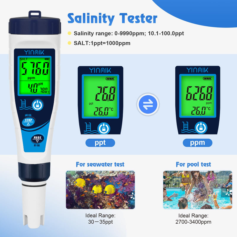 YINMIK Digital Pool Salt Tester & pH Meter, 5 in 1 Salinity Meter for Salt Water Pool, Hot Tub & Aquarium, EC TDS Temperature Tester, Professional High Accuracy