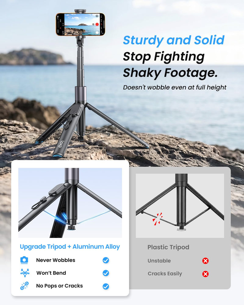 LOXP 67'' Phone Tripod with Remote, 0.01s Auto-Open for Content Creator | Selfie Stick for iPhone/ Android, Portable iPhone Tripod with Cold Shoe/ 1/4" Adapter for Travel, Vlog, Live, Golf, Video Black