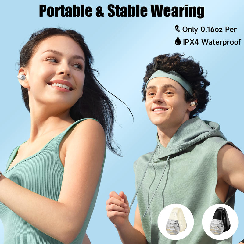 aigo Wireless Earphones Bluetooth Earbuds, Open Ear Clip Headphones for iPhone/Android/Computer, Sport Ear Buds Built-in Mic, Noise Canceling, Waterproof, Wireless Charging, Off White Headset