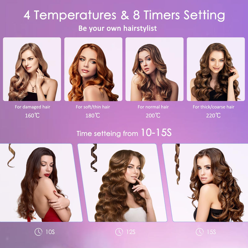 Hair Curler, Curling Wand, Curling Tongs, 4 Temperature Settings, 3 Adjustable Heating Times, for Different Hair Types and Curl Effects, Professional Salon Curling Iron