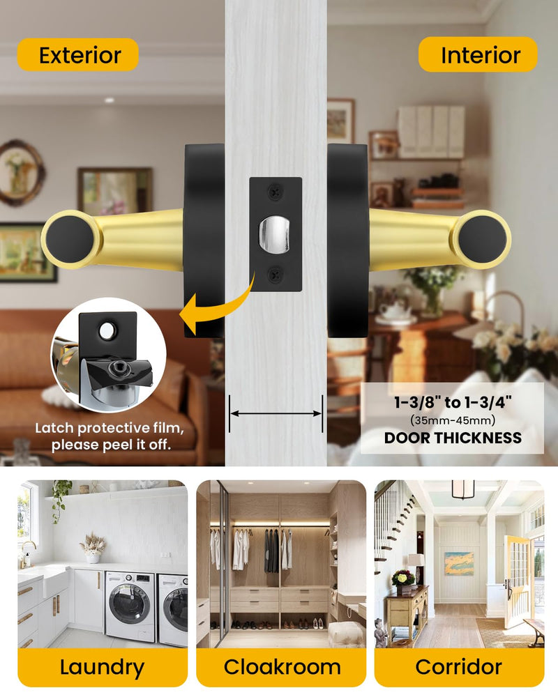 Goldenwarm 1 Pack Black and Gold Passage Door Handle, Matte Black Closet Door Handle, Black and Gold Interior Lever Door Handles for Hallway, Closet