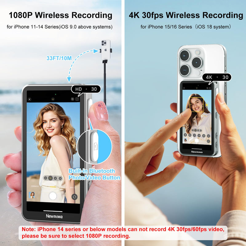Newmowa Touchscreen Phone Vlog Selfie Monitor Screen, Magnetic Wireless Back Camera Selfie Monitor with Focus Adjustment ONLY for iPhone, Support 4K 30fps Wireless Recording for iPhone 15/16(Grey) Grey