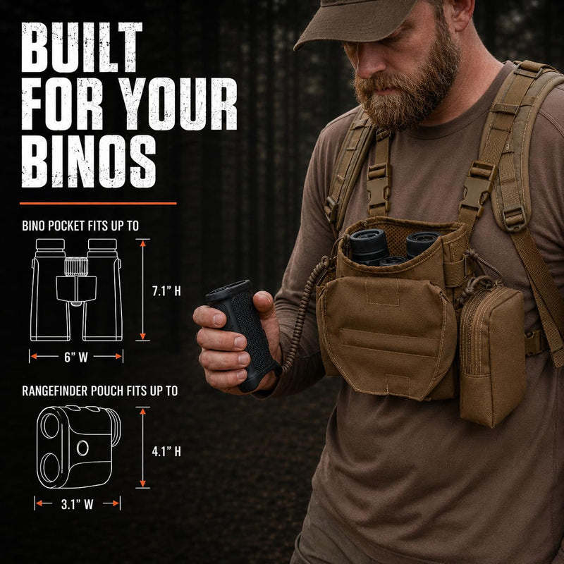 Binocular Harness Chest Pack - Bino Harness Hunting Chest Rig | Waterproof 500D Cordura case, silent magnetic closure, MOLLE rangefinder pouch, elk deer glassing Lt1 - Standard