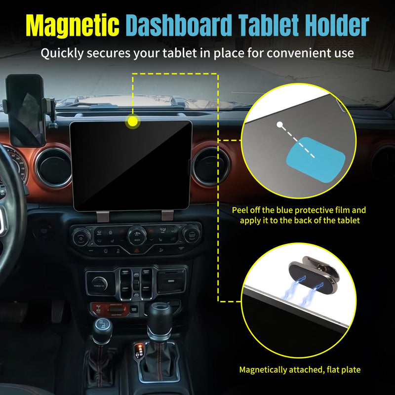 Tablet Mount for 2018-2023 Jeep Wrangler JL Gladiator JT Magnetic Pad Mount | Dashboard Tablet Holder, No Drill Installation, Durable Lightweight Plastic, Magnetic Dash Mount for Tablet 7 Inch and Larger