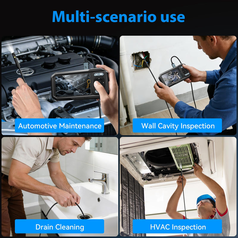 KIRFEIHT Endoscope Camera with Light, Dual Lens IP67 Waterproof Industrial Borescope with 32GB Card, Detachable 16.4FT Semi-Rigid Snake Cord, Android & PC Compatible for Plumbing HVAC Automotive Dual-Lens