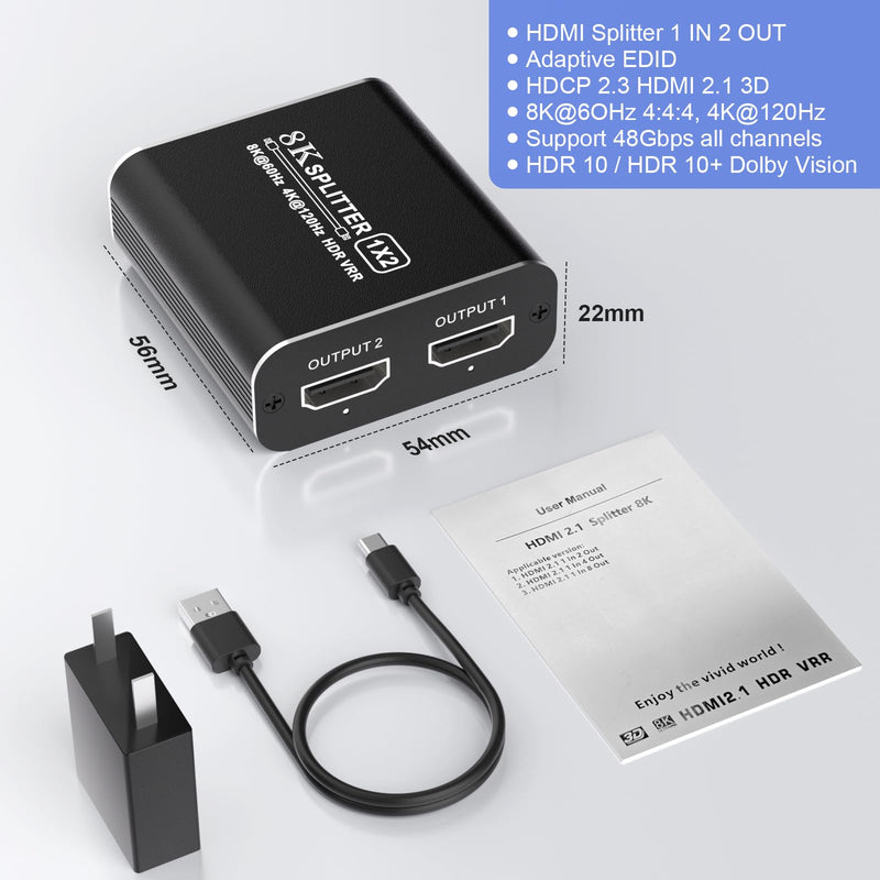 8K@60Hz HDMI Splitter 1x2 4:4:4, 48 Gbps, HDMI 2.1 Splitter 1 in 2 out with Auto, Copy, Adaptive EDID Mode, 4K 120Hz HDMI Duplicator, Dynamic HDR & VRR Mode,Compatible with Xbox PS4 PS5 Blu-ray Player