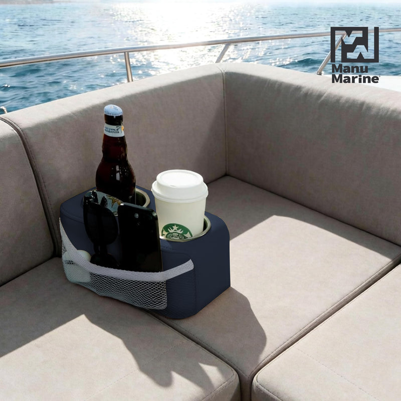 Pontoon Cup Holder, Stainless Steel Double Drink Holder with Side Pocket, Pontoon Boat Cup Holders for Boat Seat,RV,Car（Blue） Blue