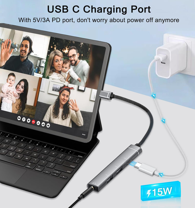 USB C Hub, 4 in 1 Aluminum USB C to USB OTG Adapter, USB C Splitter with 1 * 3.5mm Headphone Jack, 1 * 15W PD, 2 USB A Ports, USB C Hub Dongle for MacBook Air/Pro,XPS,iMac Mini,iPad Pro,More