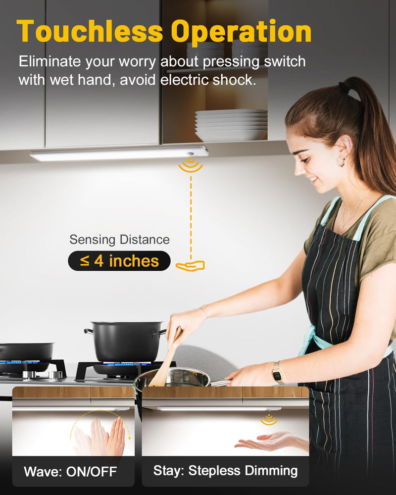 Pak 16 Inch Under Cabinet Lights, Hand Wave Sensor 83 LED Indoor Cabinet Lighting, USB Rechargeable Wireless Closet Light, Stepless Dimming Under Counter Light for Kitchen, Shelves, Bedroom, 2 Pack Cool White-Hand Swipe(2 Pack)