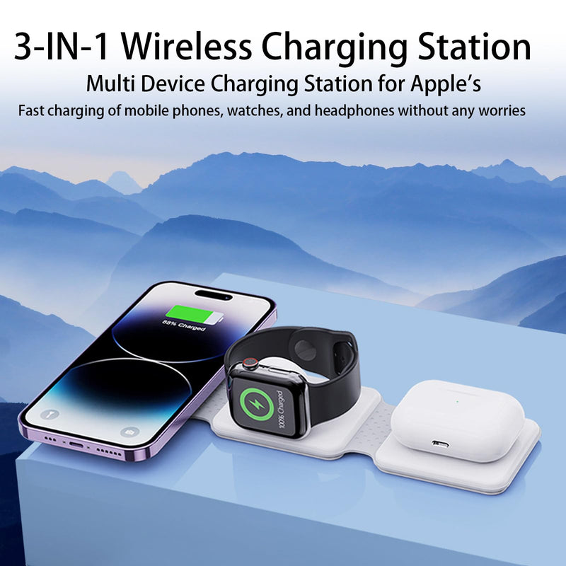 3in1 Foldable Magnetic Wireless Charger,Travel Pad for iPhone,Watch,AirPods | Magnetic Alignment, 15W Fast Charging, Foldable Travel Stand, Compatible with Apple Watch & AirPods, Safe Tech Tea White
