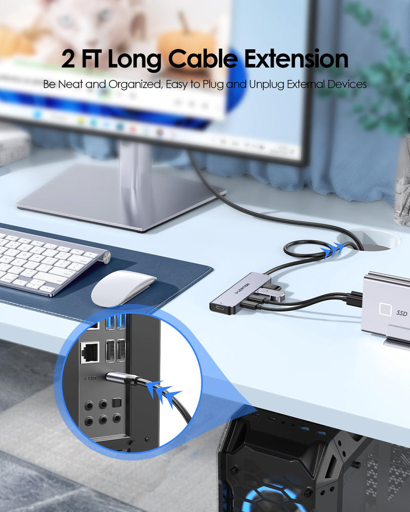 LENTION 2FT Long Cable USB C Hub with 4 x USB C Ports (USB 3.2 Gen 2, 10 Gbps,Thunderbolt Speed), 100W PD Charging, Compatible 2023-2016 MacBook Pro, New Mac Air/Surface, More (CE31s, Space Gray)