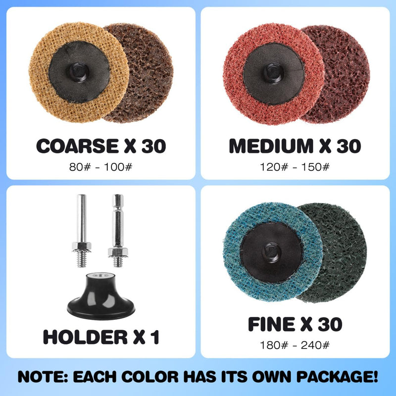 92PCS 2 Inch Quick Change Sanding Discs Set:90PCS Surface Conditioning Pneumatic/Die Grinder Sanding Discs with 1/4" Roll Lock Holder Pad for Metal Strip Clean Polish Burr Finish (Fine Medium Coarse) | 3-Grit Roll-Lock Sanding Discs with 1/4" Round & H...