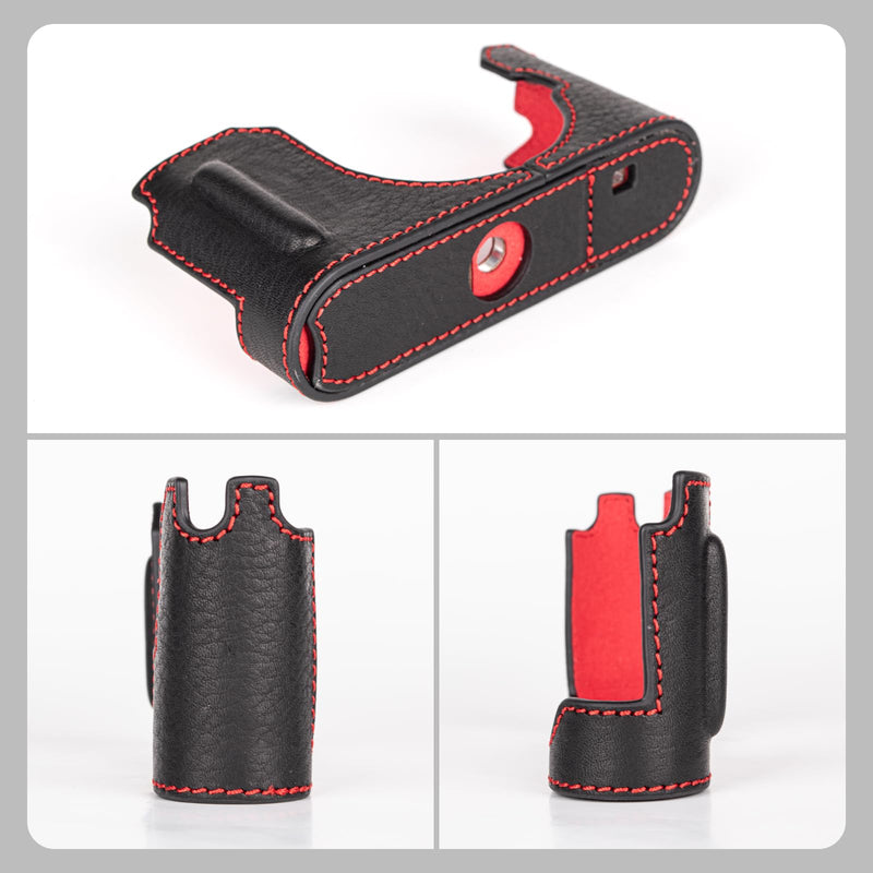 MUZIRI KINOKOO Case for Leica D-LUX 8 Camera - Retro Style Genuine Leather Half Protective Case for Leica D LUX 8/ D-LUX8 Camera - with Opening Bottom and Hand Grip Design - Black Red Black and Red