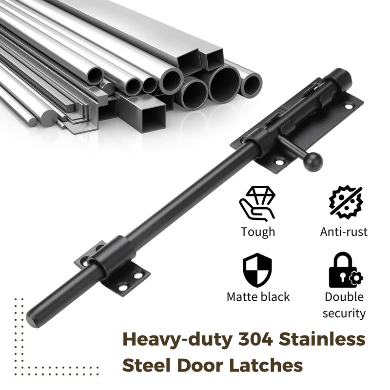 2 Packs 12" Slide Bolt Latches, Heavy-Duty 304 Stainless Steel Gate Door Slide Latches with 9 mm Padlock Hole, ½" Dia. Matte Black Barrel Bolt Locks for Gates, Barns, Fences