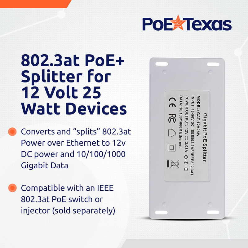 PoE Texas 12 Volt PoE+ - IEEE 802.3at - Splitter Splits Power Over Ethernet to 12v DC & Gigabit Data with Opto-Isolation Protection for 12v 25w Devices, Tablets, Single Board Computers, PTZ Cameras